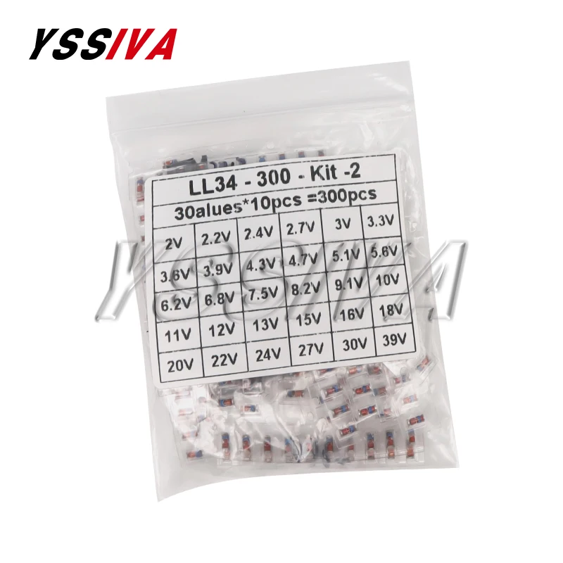 300pcs 1/2W SMD LL34 Zener Diode Assorted Kit 0.5W 2V - 39V 30Values Each 10pcs DIY Sample Set