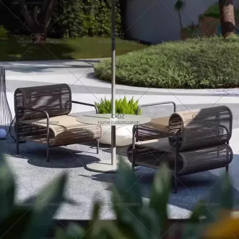 Rattan Outdoor Sofa Waterproof Sunproof Balcony Lounge Chair Single Seater Leisure Rattan Furniture with Coffee Table for