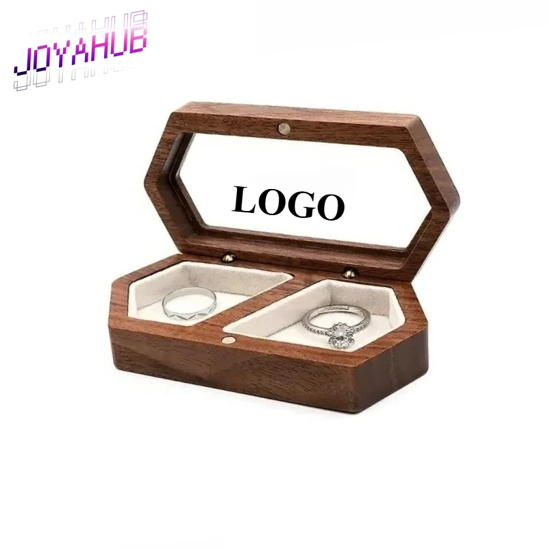 Custom Logo Wood Ring Box - Magnetic Closure Dual Slot Clear Lid, Wedding Proposal Jewelry Case with Pair Storage Gift Packaging