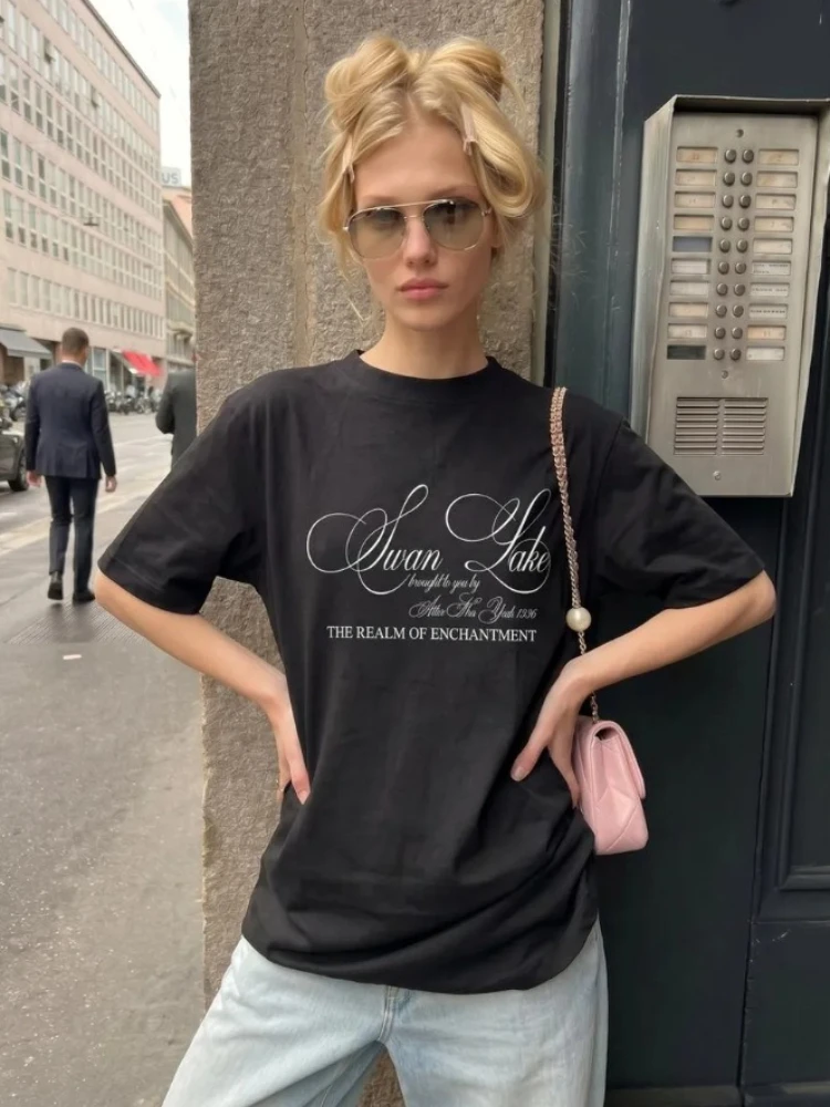 Minimal Ballet Black Oversized Tee Elegant Swirl Cursive Swan Lake Vintage Soft Cotton Quiet Luxury Daily Street T Shirt Street