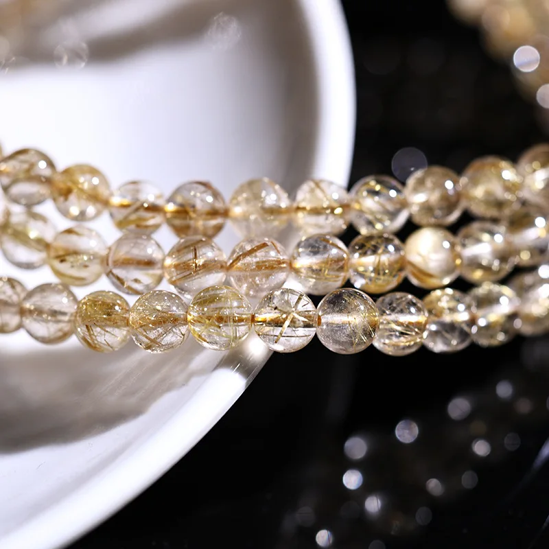 Natural Gold Rutilated Quartz 108 Beads Mala Bracelet Transparent Clear Crystal Adjustable Multi-loop for Men & Women