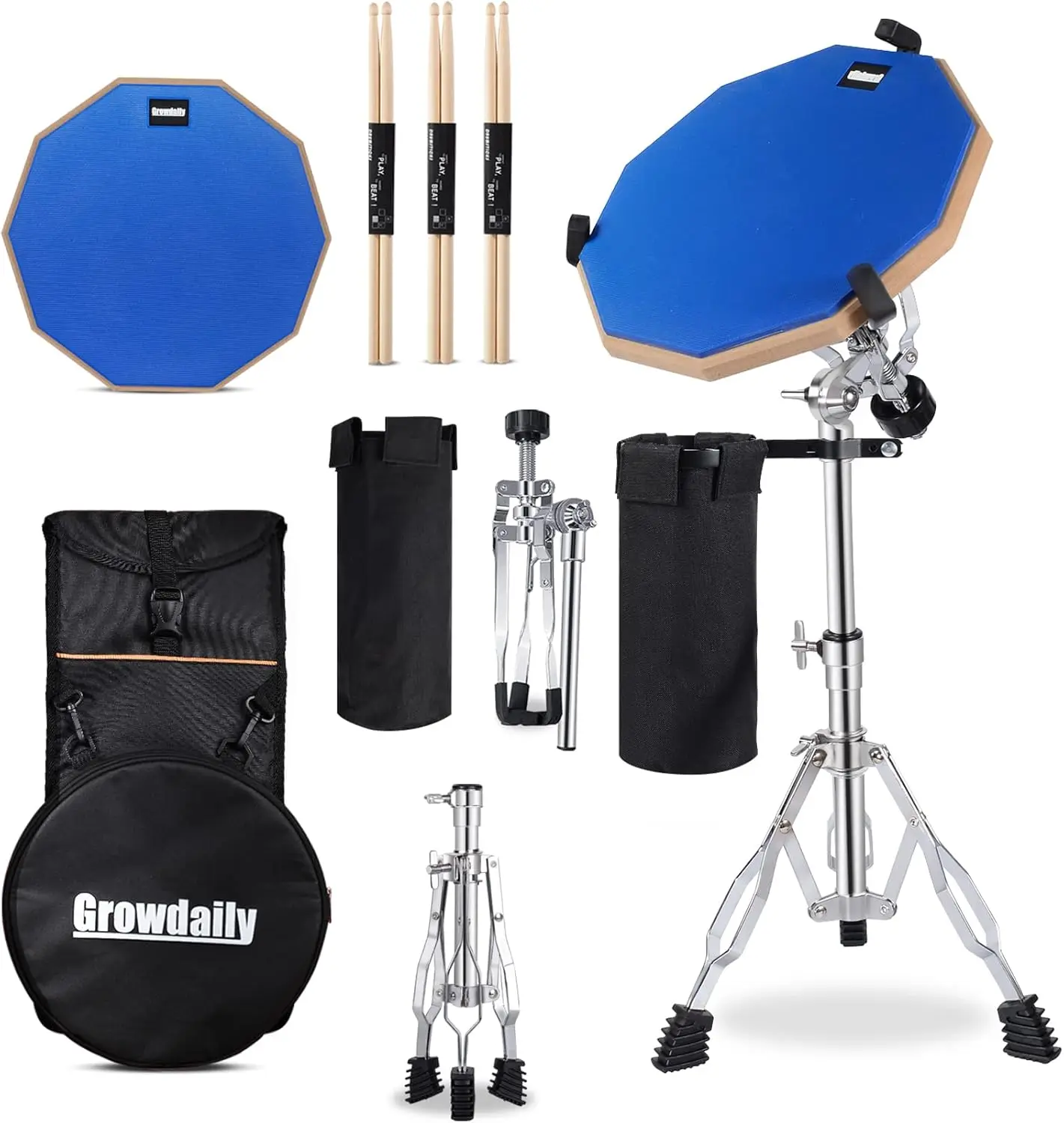 

12 Inch Drum Practice Pad with Stand, Double-Sided Silent Pad, Sticks, Bag, Adjustable Tripod for 10-14 inch Drums