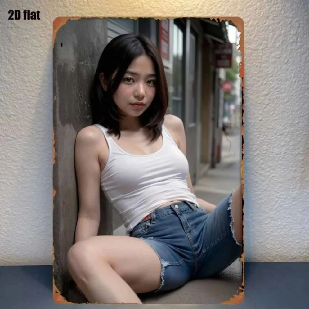 New Trendy HD Metal Wall Art - Asian Street Fashion Girl in Casual White Tank Top and Denim Shorts, 2D Flat Tin Sign, Urban City