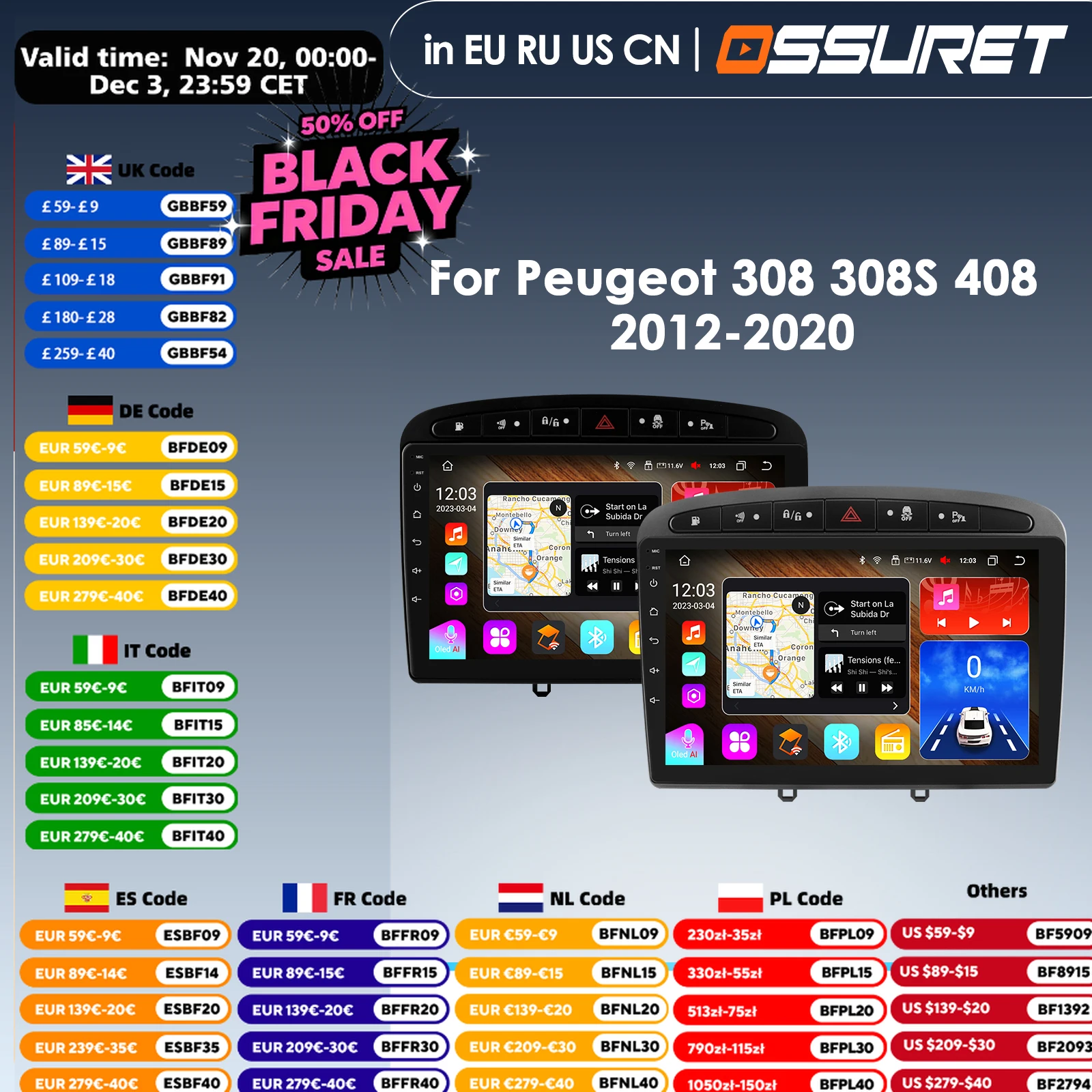 8G+128G Carplay DSP 9 Inch AI Car Radio GPS RDS DSP Multimedia Player for Peugeot 408 308 308SW 2din Android AutoRadio NO DVD BT