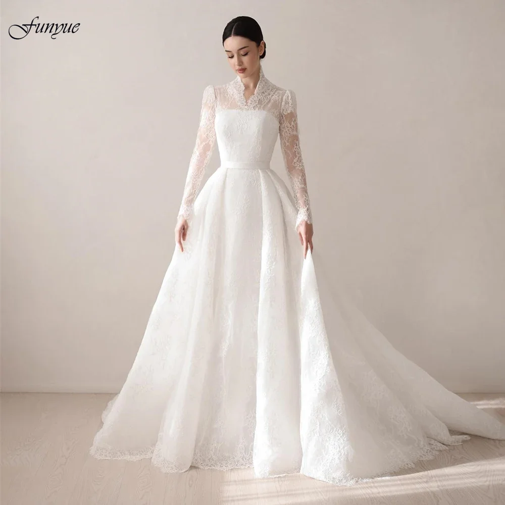Funyue Aangepaste Dubai V-hals Volledige Kant Trouwjurken Lange Mouwen Een Lijn Elegante Bruidsjurk voor Bruiden Vestido De Noiva