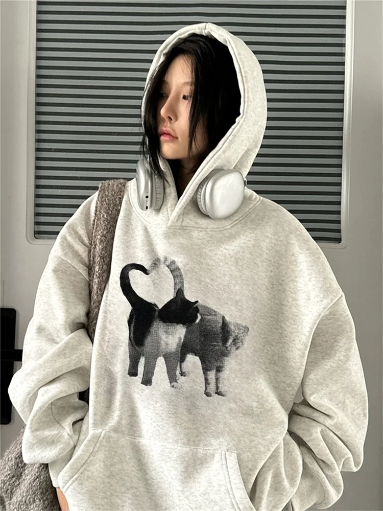 Plus Size Amerikaanse Retro Print Hoodie Dames Thiened Fce Jaet Lazy Sle Buitenkleding Lente Herfst Winter Casual St...