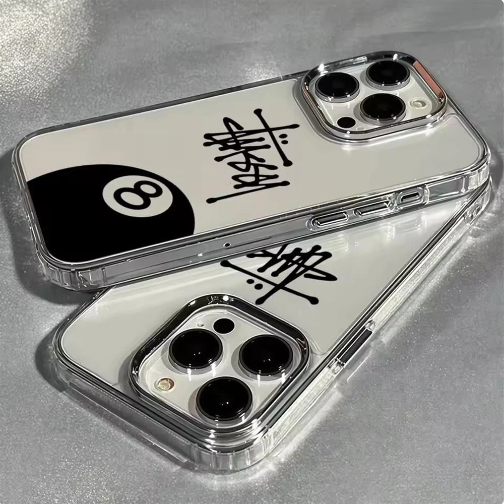 Funda Aurbe para iPhone 17 16 15 14 13 12 11 Pro Max 16E, Marco Plateado para la Lente, Carcasa Transparente, Diseño 8-Ball S-Stussy Graffiti