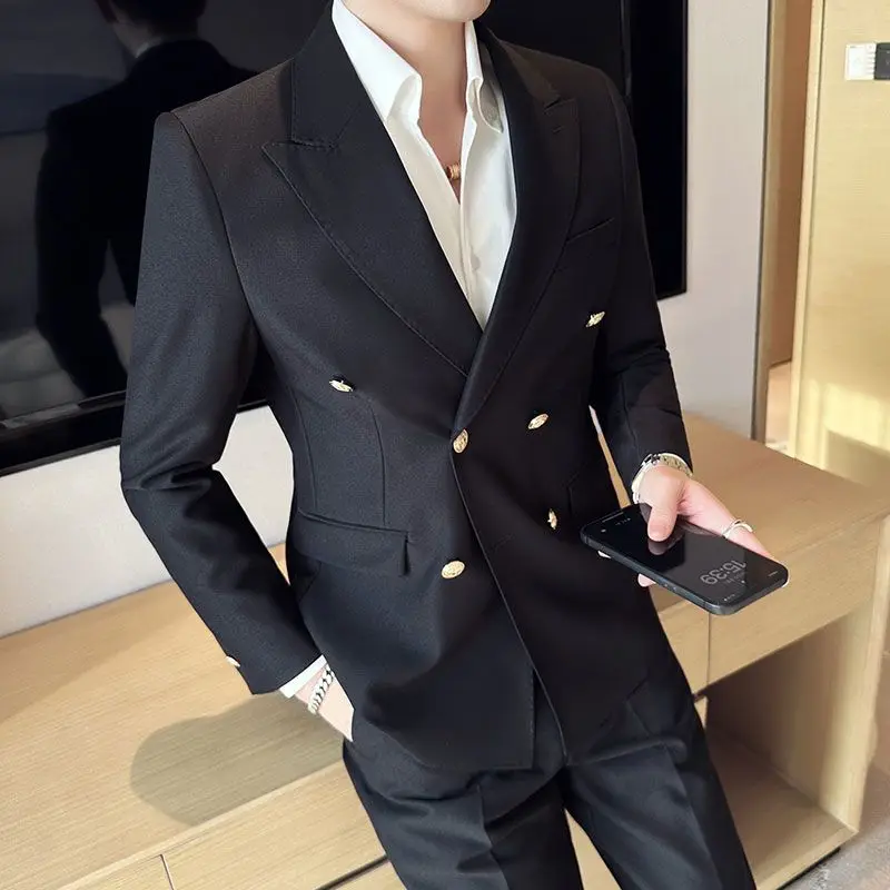 4-E12  Double-breasted men\'s high-end suits British style handsome high-end-breasted jacket with wide collar fashionable casual