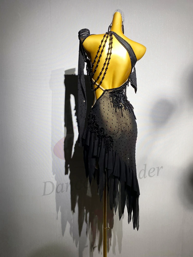 

Latin Dancer Adult Children High end Customized Black Splicing Mesh Tango Samba AB Stone Performance Dress