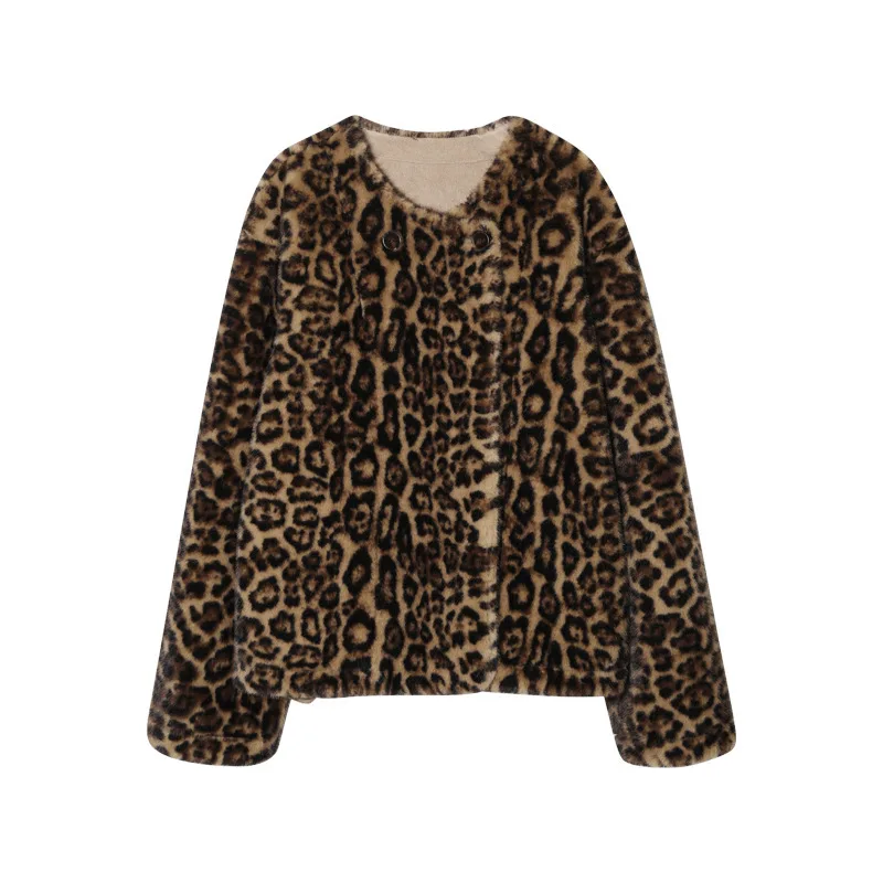 2024  plush leopard print environmentally friendly fur warm round neck winter coat women's fur one-piece coat