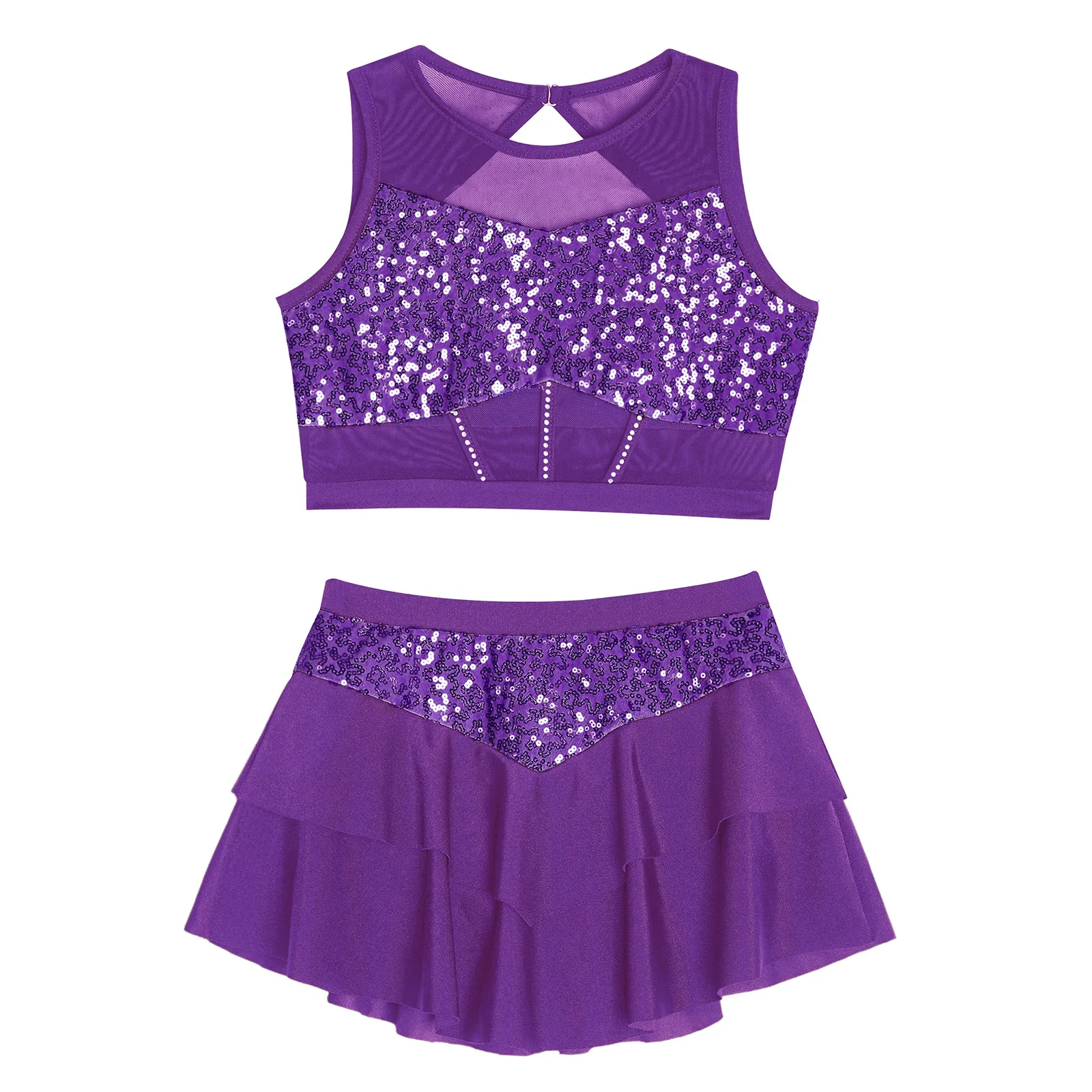 Girls Hip Hop Jazz Dance Costume Sleeveless Cutout Sheer Mesh Shiny Sequins Crop Top with Tiered Skirt Cheerleading Dan