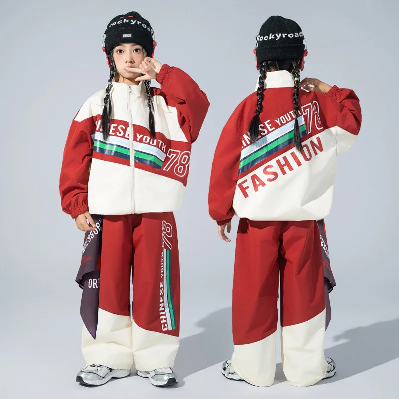 Boys Hip Hop Contrast Coat Joggers Pant Girls Street Dance Sport Jacket Stagewear Kids Jazz Clothes Set Children School Uniform