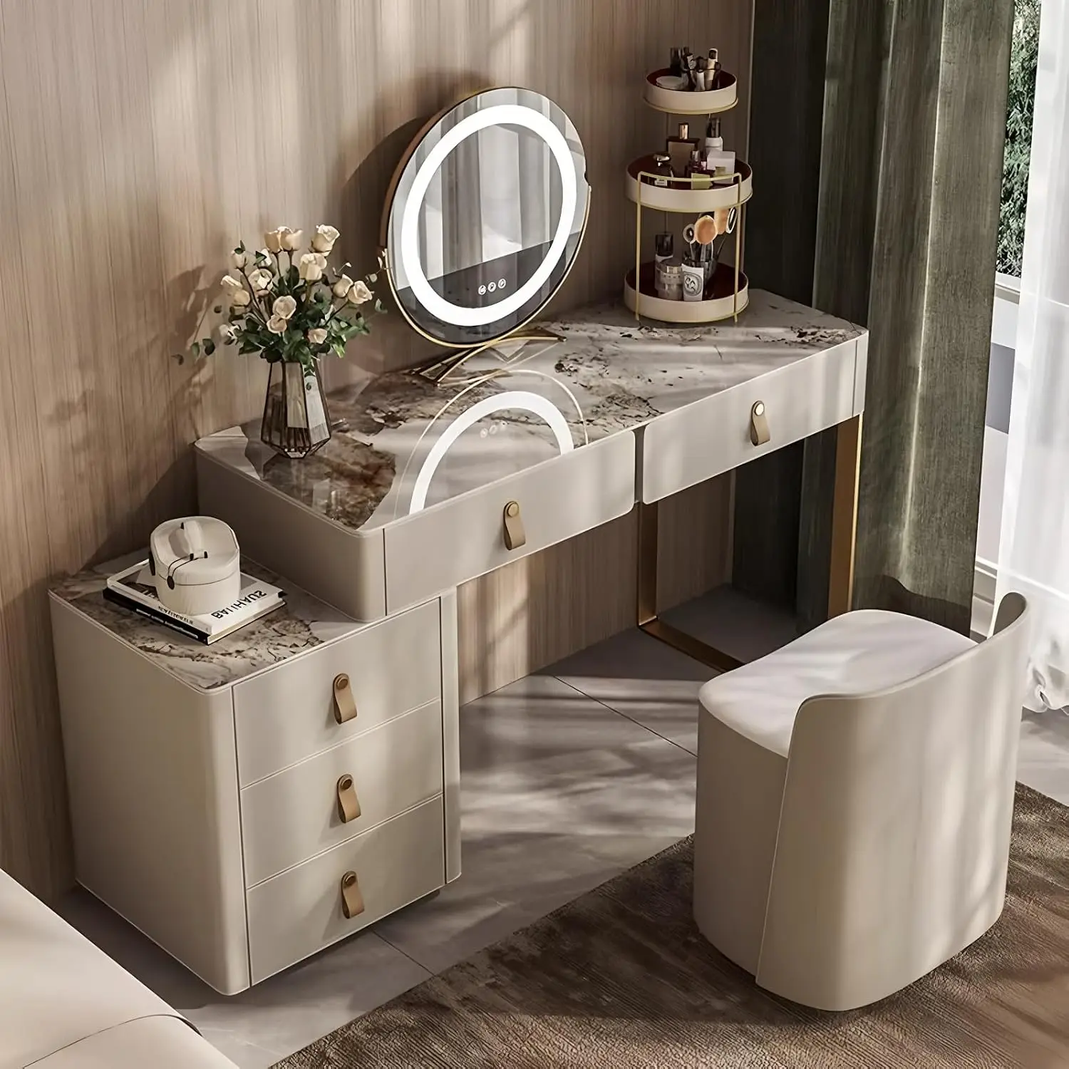 Luxury Vanities Set, Solid Wood Dressing Table Includes Rock Slate Desktop, Expandable Side Cabinet and LED Smart Round Mirror,
