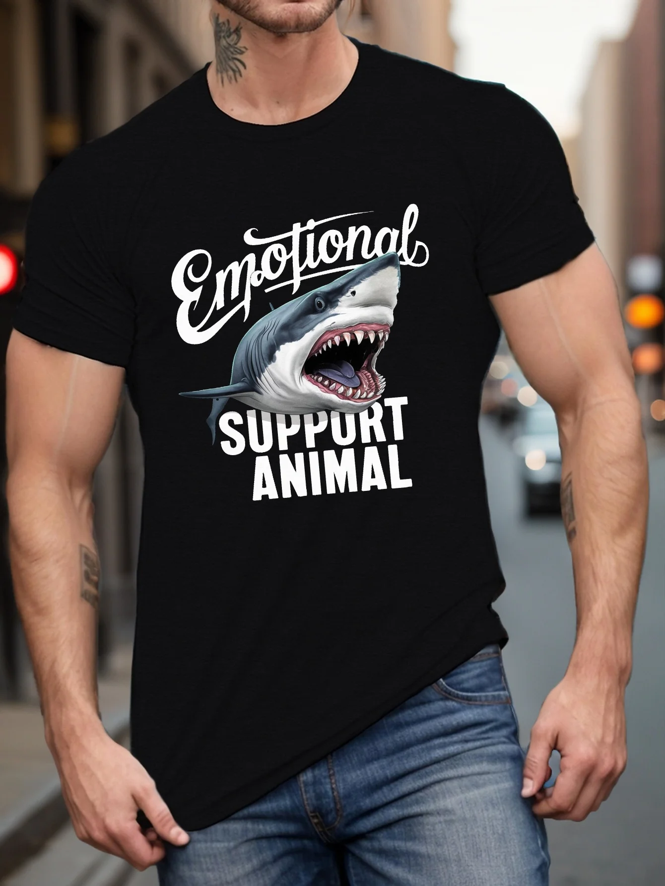 Plus-Size Men's Summer T-Shirt, Short-Sleeve T-Shirt with Shark Emotional Support Animal Print, Fashionable Casual Top Suitable for Everyday Wear, Ideal for Tall Men