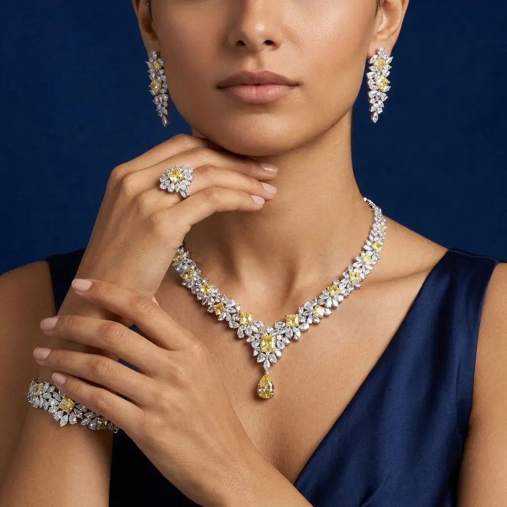 Bride Talk Luxury Yellow Zircon Bridal Jewelry Set 4Pcs Elegant Floral Marquise Canary Diamond Style Wedding Accessories