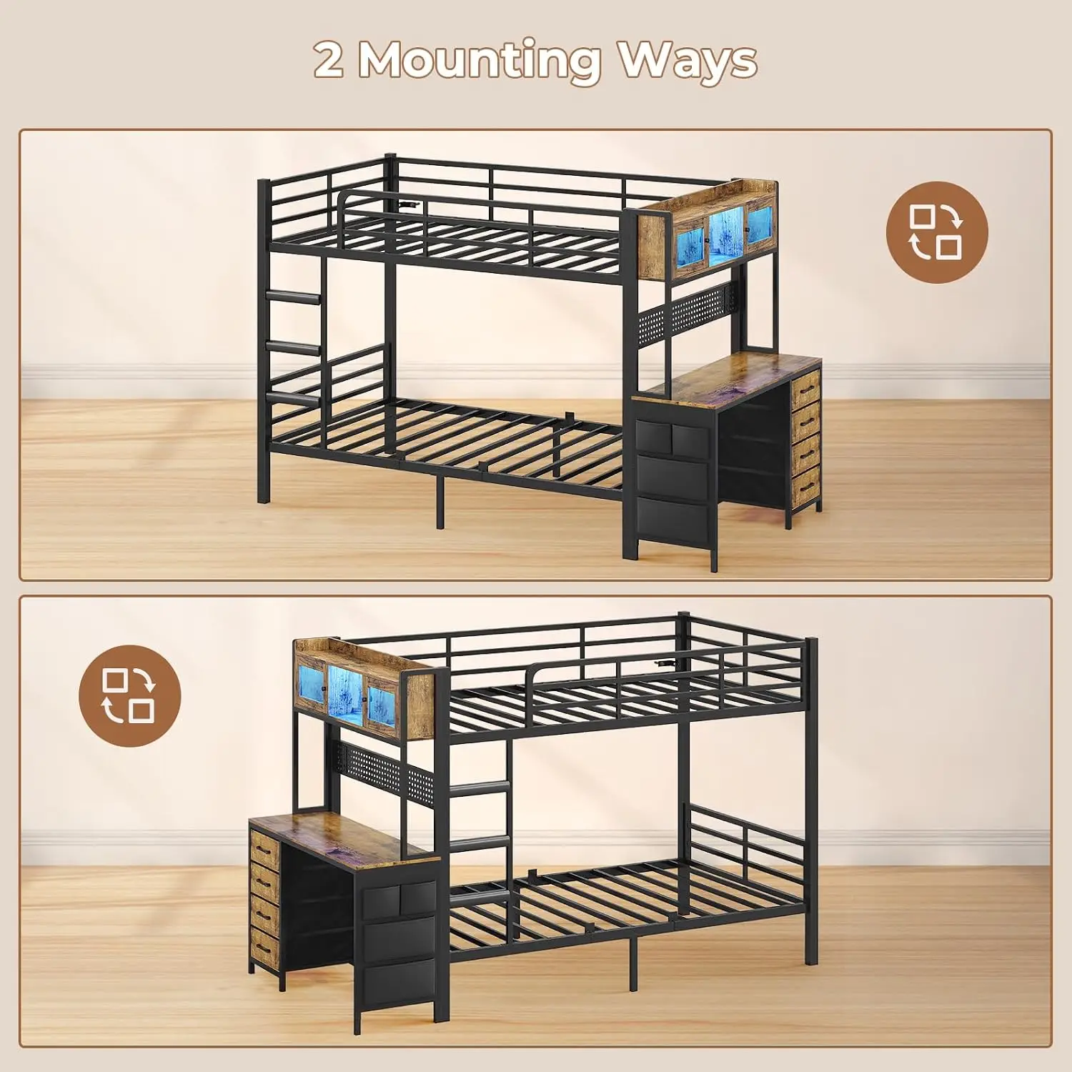 Bunk Bed Twin Over Twin with Gaming Desk,Rustic Brown | Bunk Beds with LED Light & Charging Station & Storage, Customized image 6