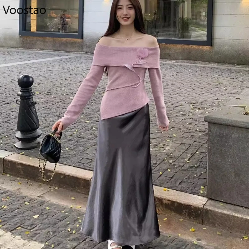Herfst Zoete Gebreide Trui Vrouwen Sexy Chic Off Schouder Tulp Bloemen Truien Vrouwelijke Koreaanse Casual Lange Mouw Truien Tops