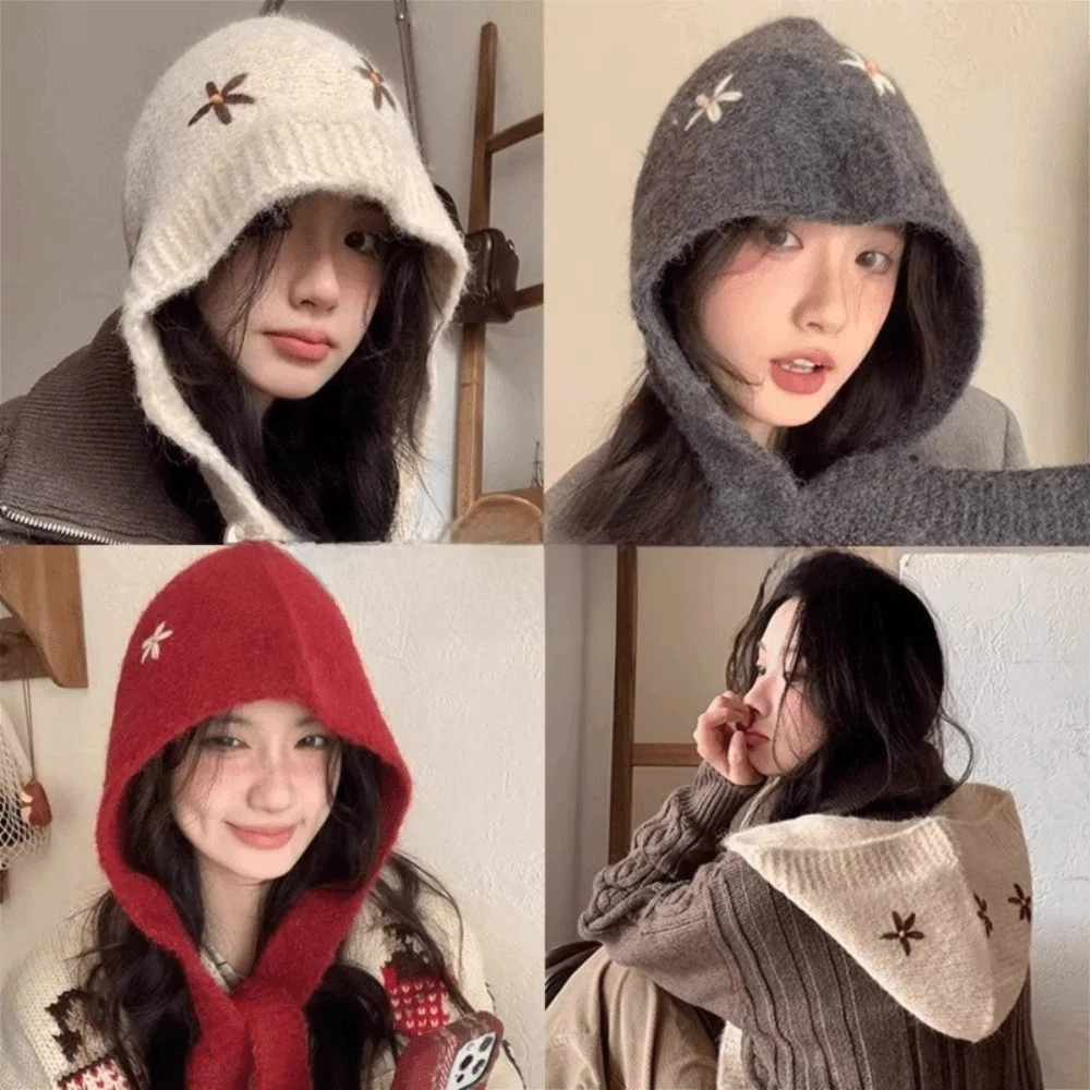 أزياء حلوة محبوك قبعة بالاكلافا الصوفية الدفء طوق الرقبة بيني قبعة البوليستر المطرزة الزهور البلوز قبعة الشتاء
