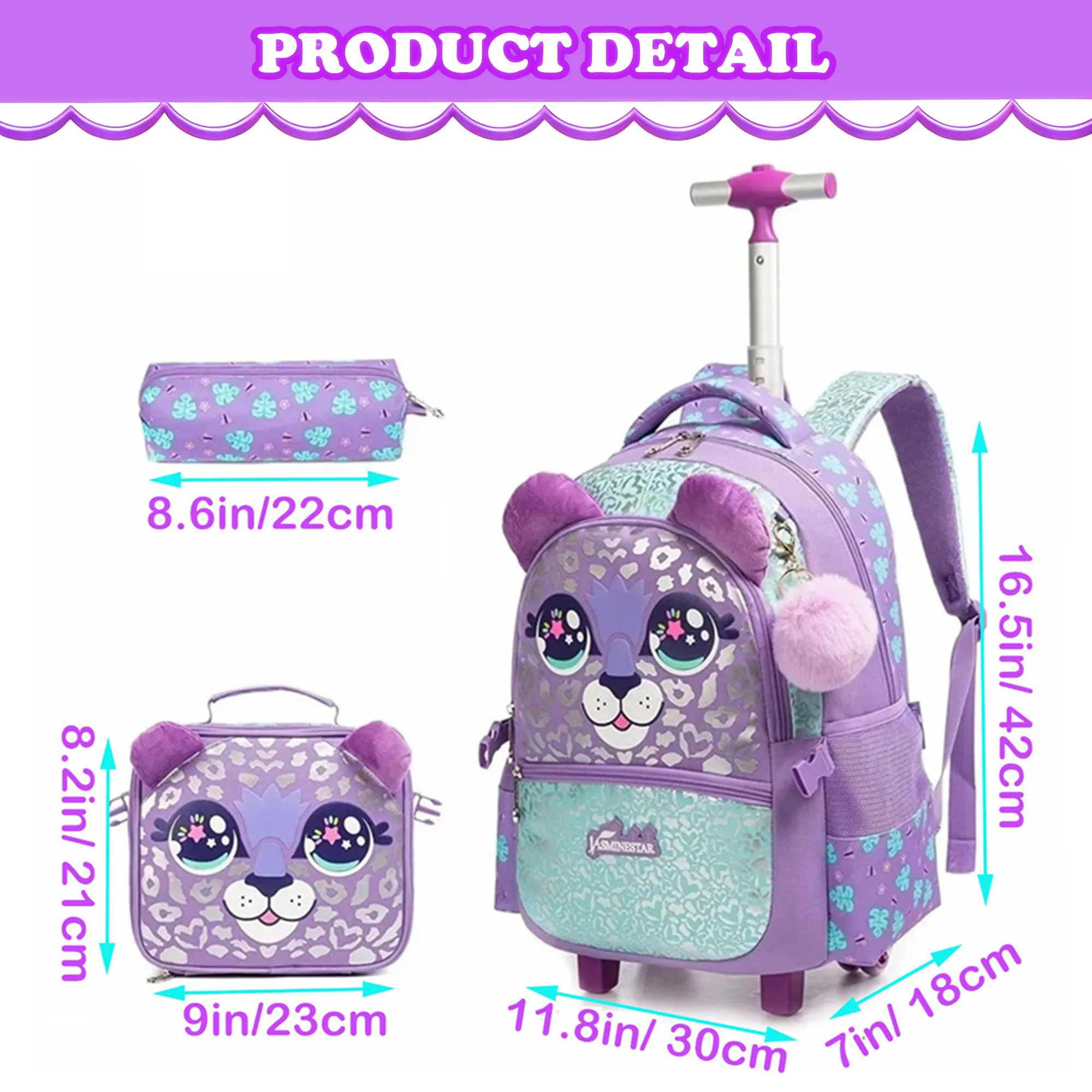 3PCS Kids Rolling Backpack for Girl Travel Luggage with Wheels School Bag Set with Lunchbag Elementary Student Carry on Suitcase