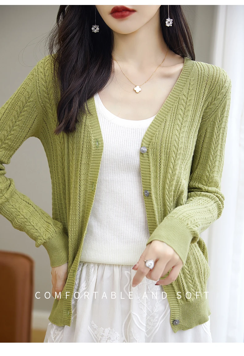 100% Cotton Spring/Summer Hollow v Neck Long Sleeved Sun Proof Air-Conditioned Shirt, Comfortable Fashionable Cardigan