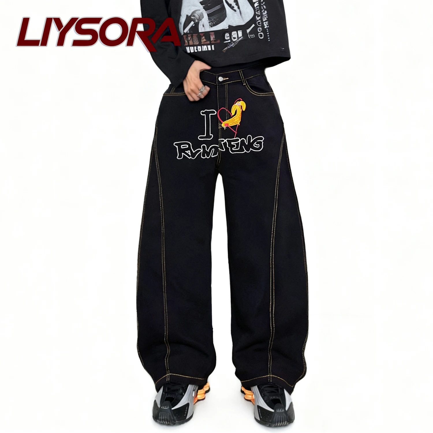 Мужские мешковатые широкие джинсы в Корейском стиле с вышивкой собаки в стиле ретро, уличные повседневные свободные джинсовые брюки унисекс с деконструкцией сращивания