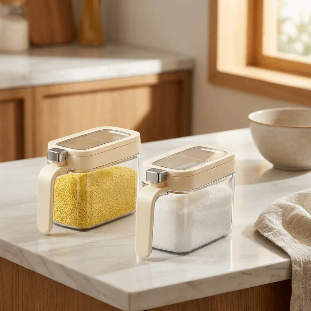 Multi-functional 600ML Pop-Top Seasoning Box Plastic Sealed Seasoning Bottle Moisture-Proof with Spoon Spice Jars Household