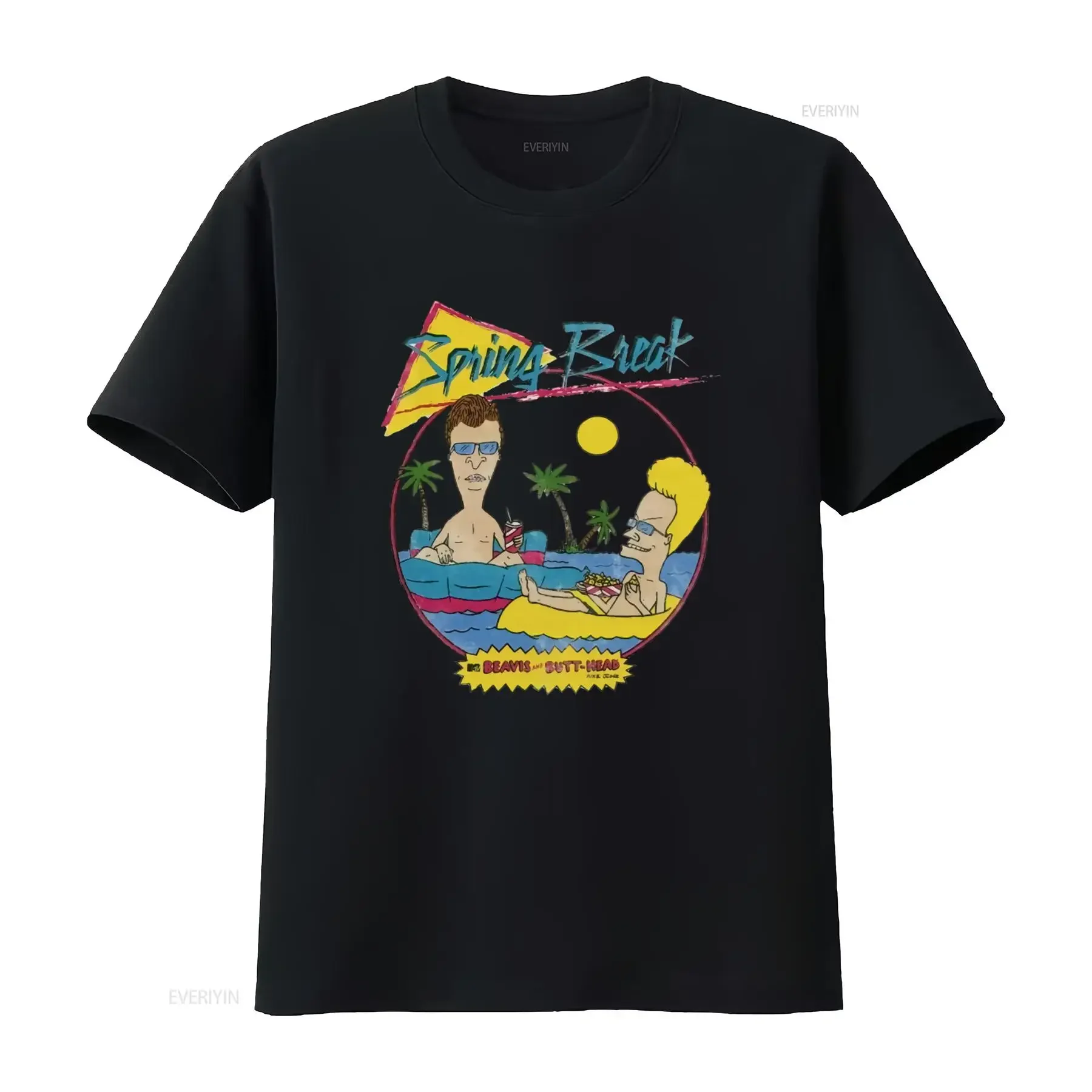 Spring Break Beavis And Butthead Print T Shirt Perfect for Beach Lovers Cartoon Fans vintage Washed Slightly Breathable graphic