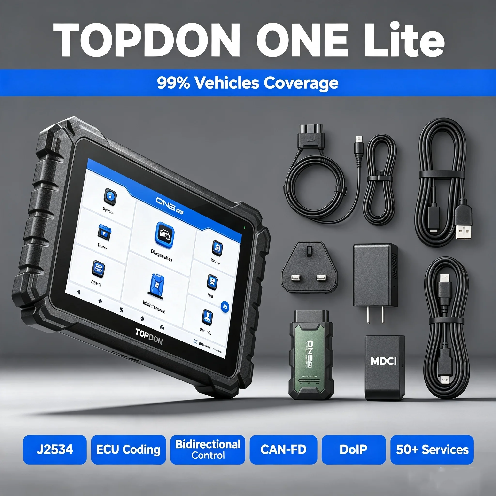 TOPDON ONE Lite 10.1 Inch Car Diagnostic Tools 52+ Services CAN FD DOIP OBD2 Scanner Bi-directional ECU Coding Professional Car Diagnostic Tools
