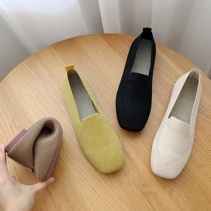 Square Toe Flats for Women Comfortable Knit Ballet Flat Shoes Casual Slip on Shallow Shoes Office Boat Shoes Plus Size Moccasins