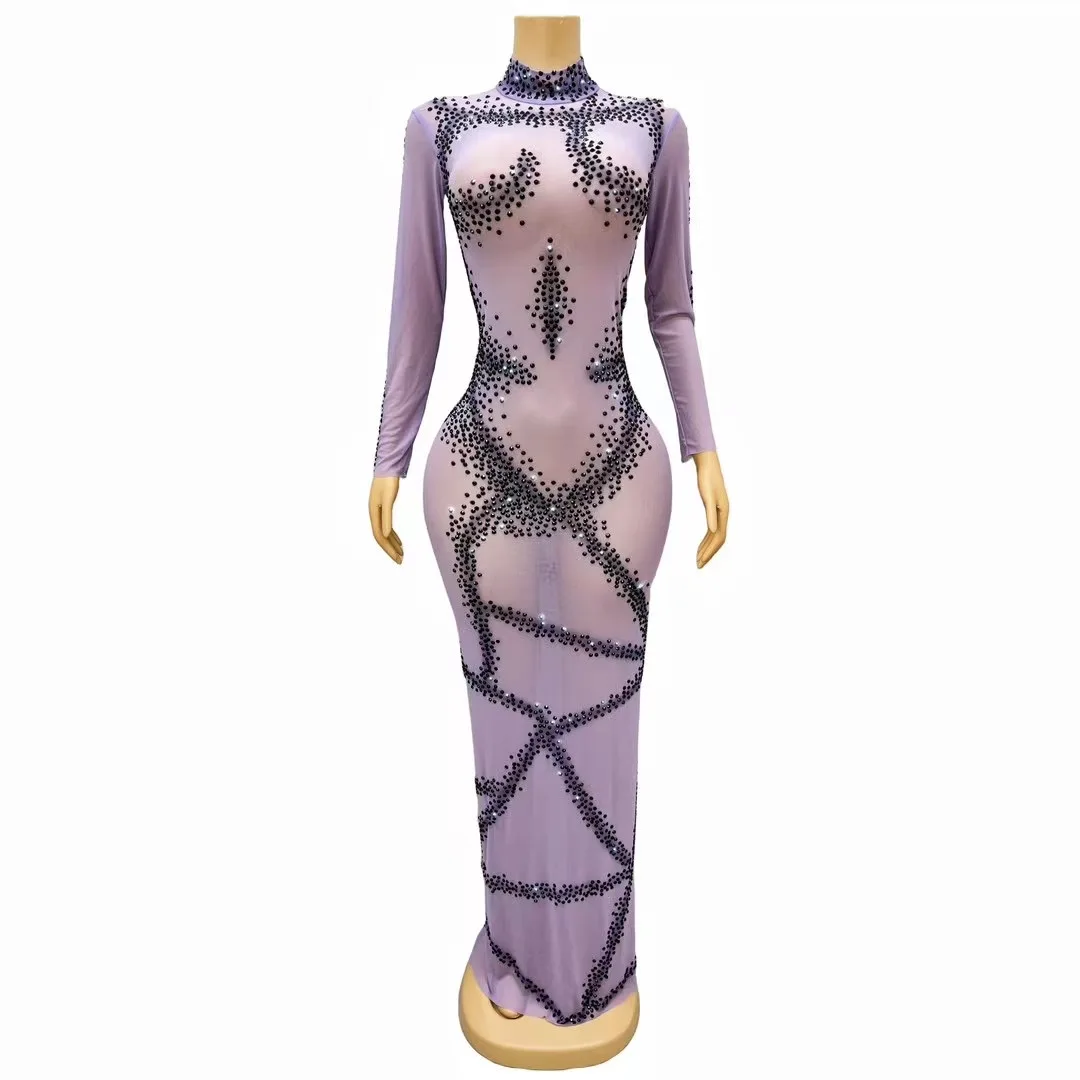 

Women Sexy Long Sleeve Black Diamonds Long Dress 2024 Elegant Evening Party Celebrate Birthday Club Stage Performance Costume