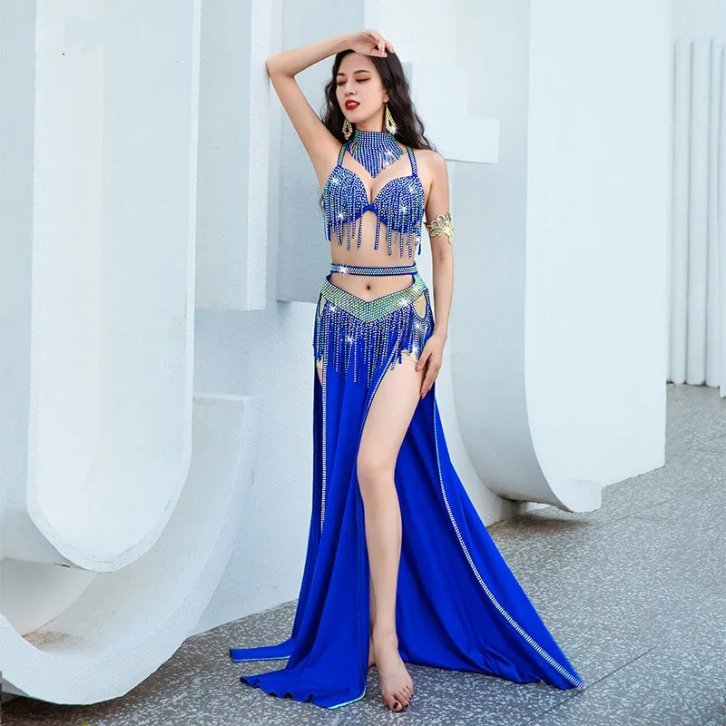 

High Quality Women Belly Dance Oriental Dance Outfit Group Performance Competition Set Rhinestone Sparkle Bra Belt Skirt