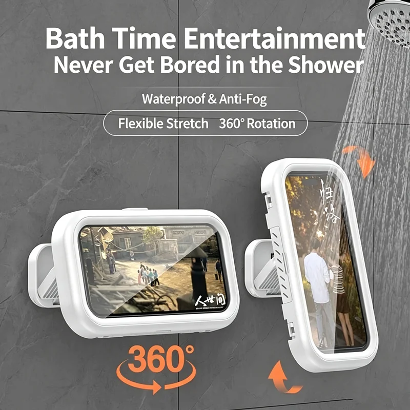 Punch-Free Waterproof Phone Holder For Bathroom Kitchen Anti-Fog Touch Screen Wall Mount 360° Rotating Shower Phone Case Bracket