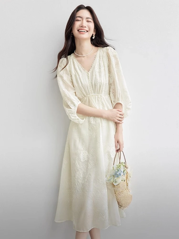 

SENTUBILA Women's Summer Elegant Holiday Dress 2025 Lantern Sleeve Casual Long Dresses V-neck Embroider Women Clothing Q52LI2155