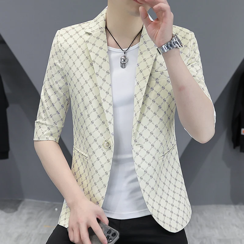 

2025 Summer Hairstylist Printed Mid Sleeved Suit Jacket Korean Fashion Slim Fit Casual Business Blazers Social Nightclub Blazers