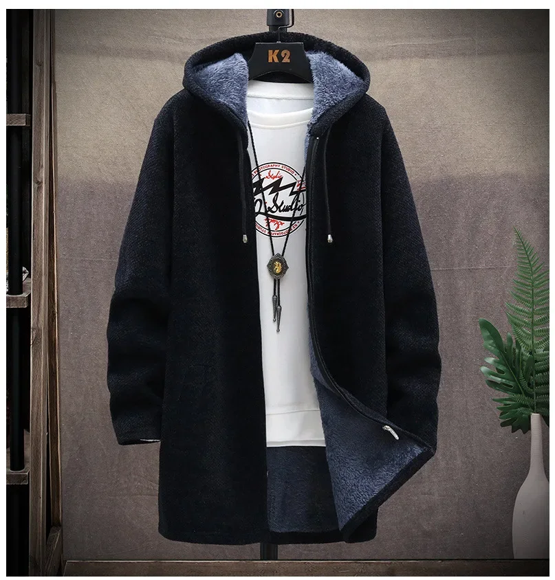 

Autumn Winter Thickened Hooded Medium Length Sweater Jacket Large Size Casual Outerwear Fashionable Knitted Men's Cardigan