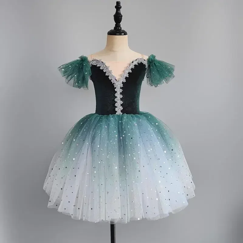 

Children Ballet Dress Royal Green Romantic Tutu Dance Dress For Girls Kids Leotard Ballerina Group Performance Ballet Wear