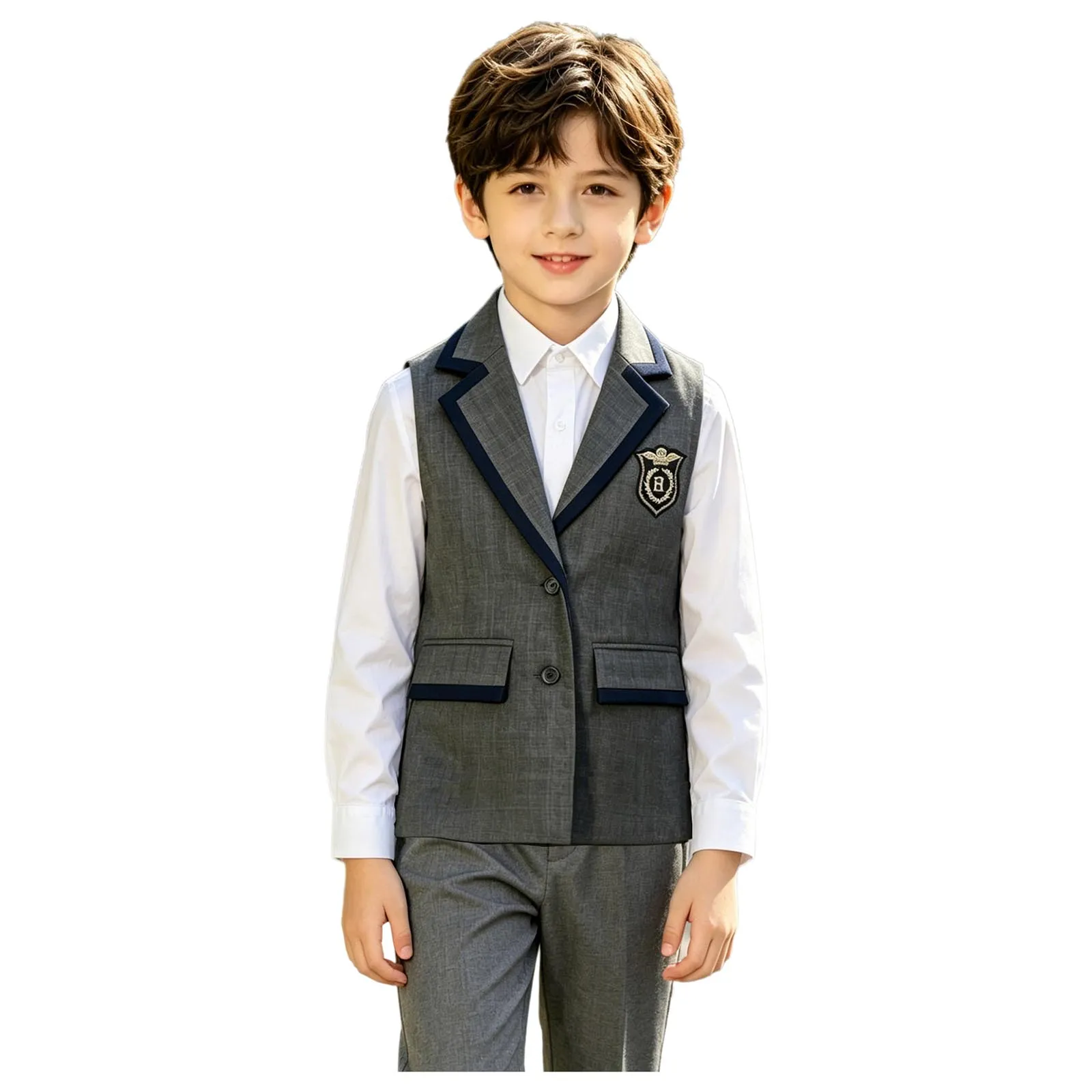 Kids Boys Girls School Uniform Tank Top Contrasting Trim Waistcoat Sleeveless Lapel Button Vest with Pockets