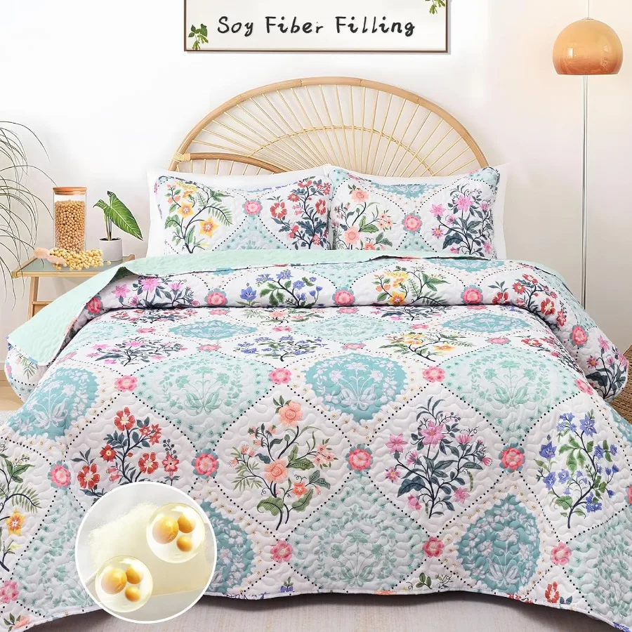 

King Size Floral Quilt Bedding Set 3 Piece Lightweight Soft Breathable Quilted Bedspreads Coverlet Sets for Summer Comforter wi