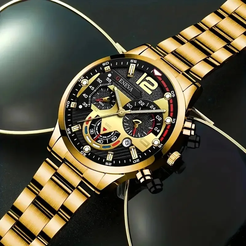 4 unids/set de relojes de negocios para hombre, reloj de cuarzo analógico con banda de acero clásica de Color dorado a la moda, conjunto de joyería para hombre, relojes masculinos