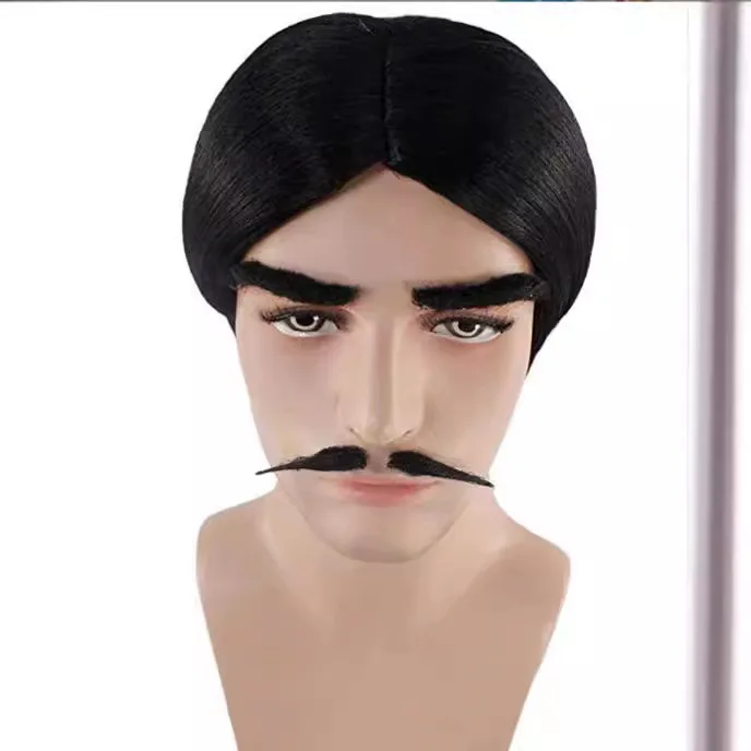 ゴメス・アダムス メンズ ショート ブラック ヘアと口ひげ 標準サイズ ハロウィン コスプレ衣装 アニメ パーティー ウィッグ