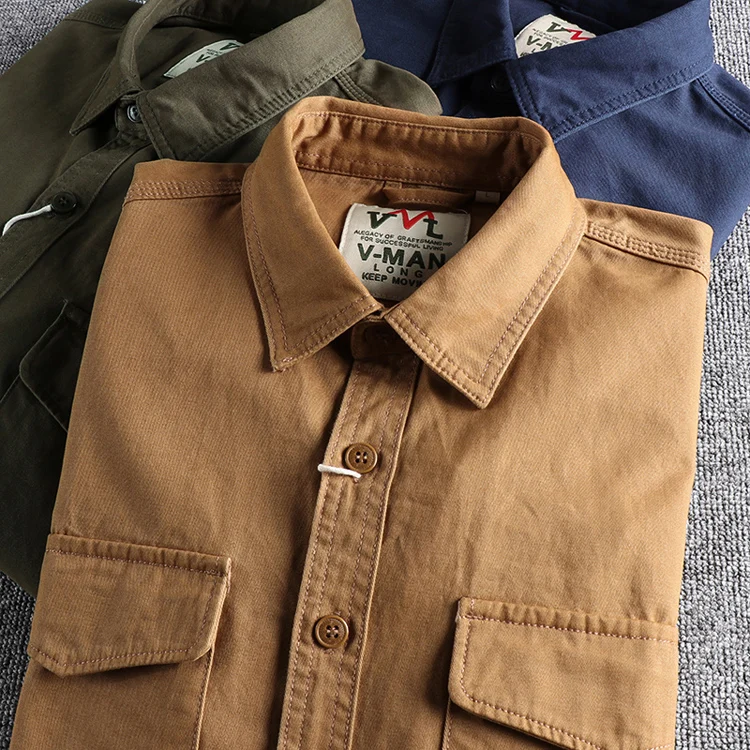 Herbst neue 204 khaki retro waschen einfarbig arbeit hemd männer dreidimensionale tasche trend lose jacke – Detail 2