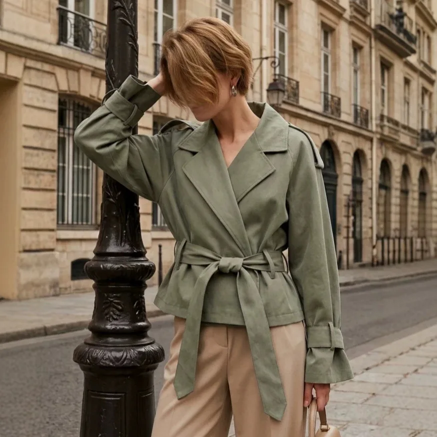 Modischer Einfarbiger Trenchcoat mit Revers und Schnürung für Damen Lässiger Kurzmantel mit Langen Ärmeln für Herbst Täglicher Arbeitsweg Streetwear