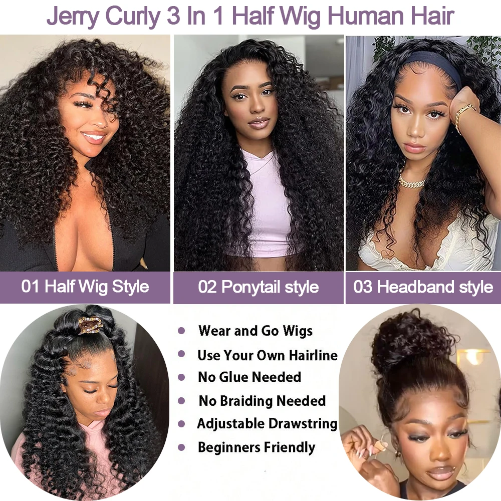 نصف باروكة خصلات الشعر المستعار الإنسان مع الرباط مقاطع سلس الطبيعية الأسود غريب مجعد نصف الباروكات آلة كاملة نصف عقال شعر مستعار