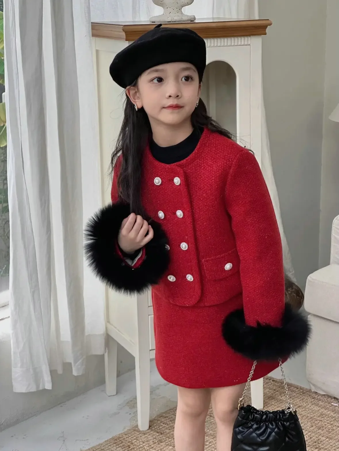 design Autumn Winter baby Girl Clothes Set Fur cuff round neck coarse woolen cotton jacket+skirt 2pcs christmas kid suit outfits