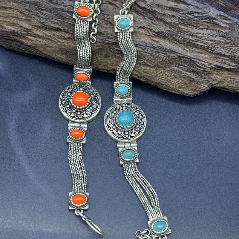 Vintage Tibetan Silver Bracelet, Round Turquoise & Red Coral Inlay Braided Chain Boho Ethnic Wrist Jewelry
