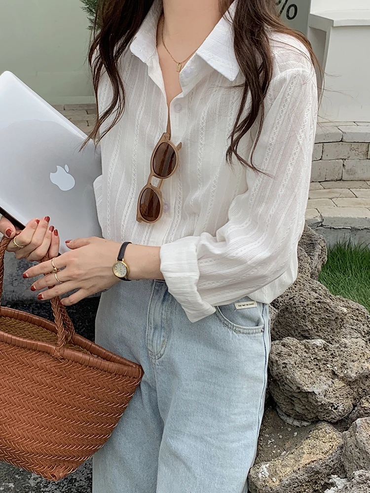 Long Sleeve Striped Sun Protection Shirt Thin Spring Design Women's Top Korean Style Loose Fit  Collar White Shirt
