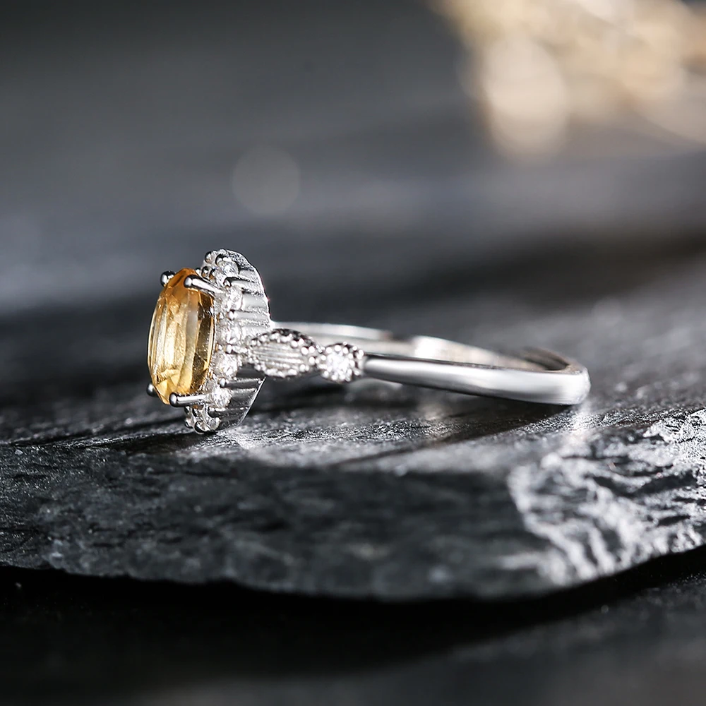 S925 sterling silver ring paired with natural mineral yellow crystal women\'s ring, adjustable size wedding jewelry accessory