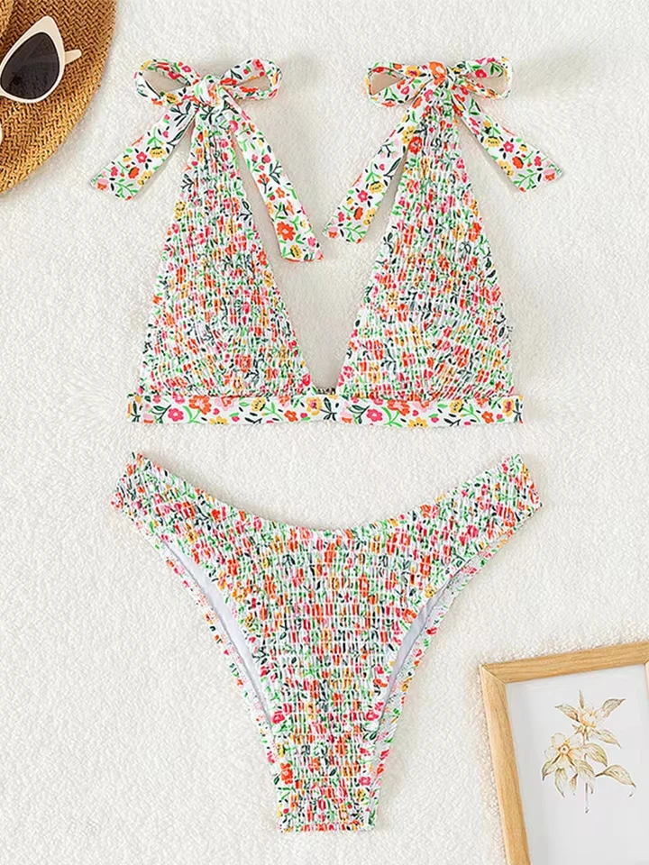 Vzvn Sexy Laced Up V Neck Bikinis Women Split Swimsuit Beach Vacation Bikini 2026 All Season Backless Print Bikinis 2 Piece Set