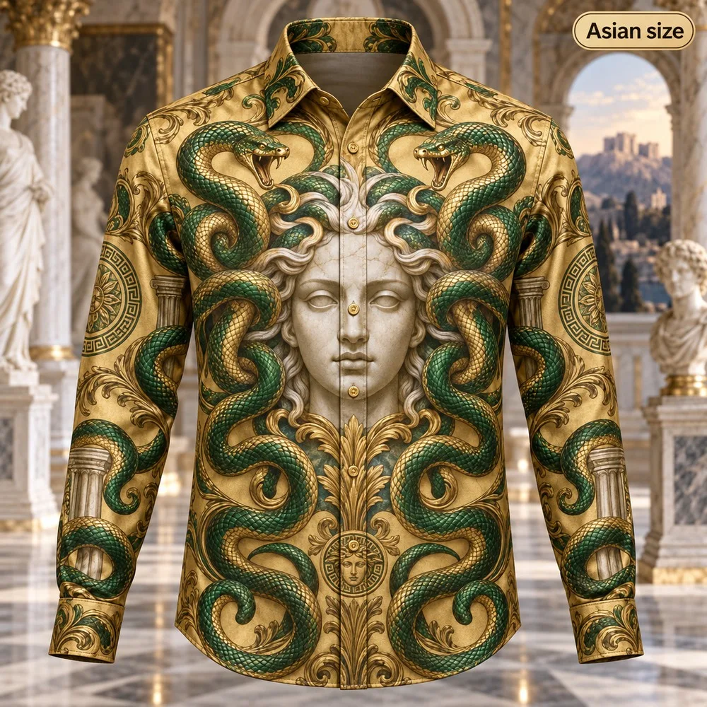 Medusa Long Sleeve Button Down Shirt for Men 3D Print Polyester Graphic Casual Fashion Party Vintage Novelty Outfit Bold