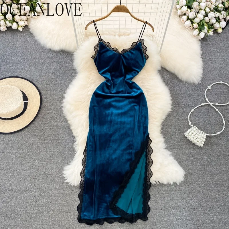 OCEANLOVE Velvet Hot Sexy Party Dresses for Women Lace Patchwork Autumn Winter Vintage Vestidos Korean Fashion V Neck Long Dress